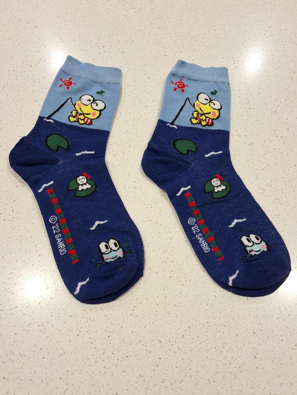 NEW Keroppi Sanrio Fishing Crew Socks Blue Frog Character Novelty Socks